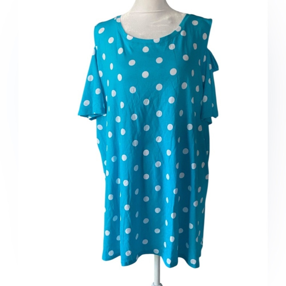 Women within polka dot blue white cold shoulder top blouse size 1X